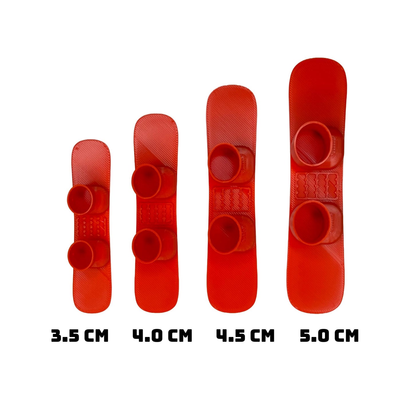 SlideofHand Finger Snowboard Red top down view showing 4 sizes