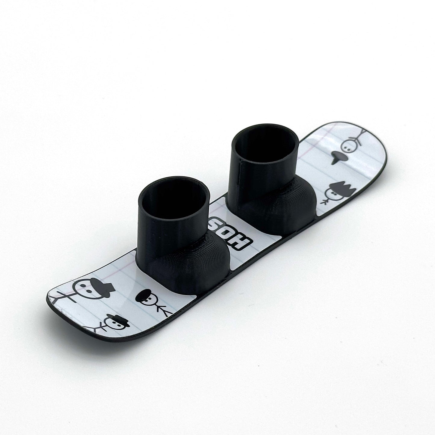 SlideofHand Finger Snowboard black with doodle hat people graphic on a white